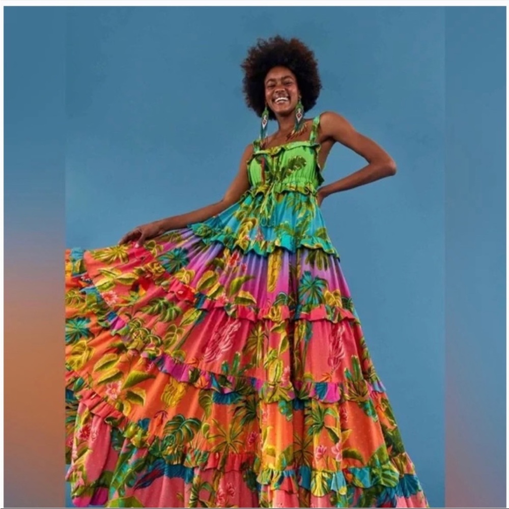 ✨NWT Sz Medium Farm Rio Ombre Forest Ruffled Tiered Maxi Dress✨